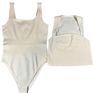 NWOT‎ OQQ Set Ribbed Bodysuit and Tank Top Set Cream/Off White Size M